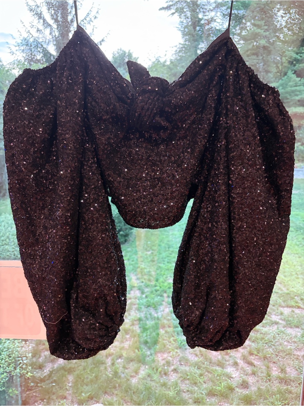 Attico Sequin Puff-Sleeve Crop Top in Dark Brown